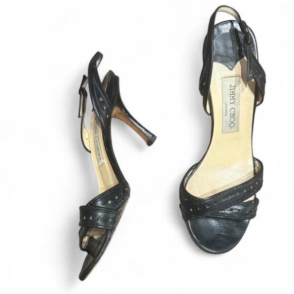 Size 7.5 Black leather cut out strappy Jimmy Choo heels - Picture 2 of 4